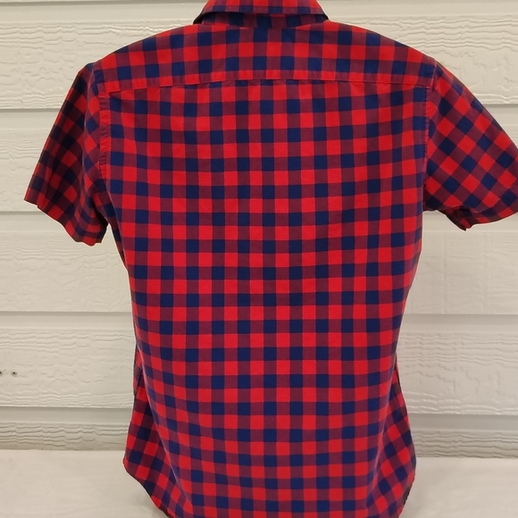 Men's Med Banana Republic Red/Blue Plaid 1 Pocket Button Up Short Sleeve - Picture 2 of 5